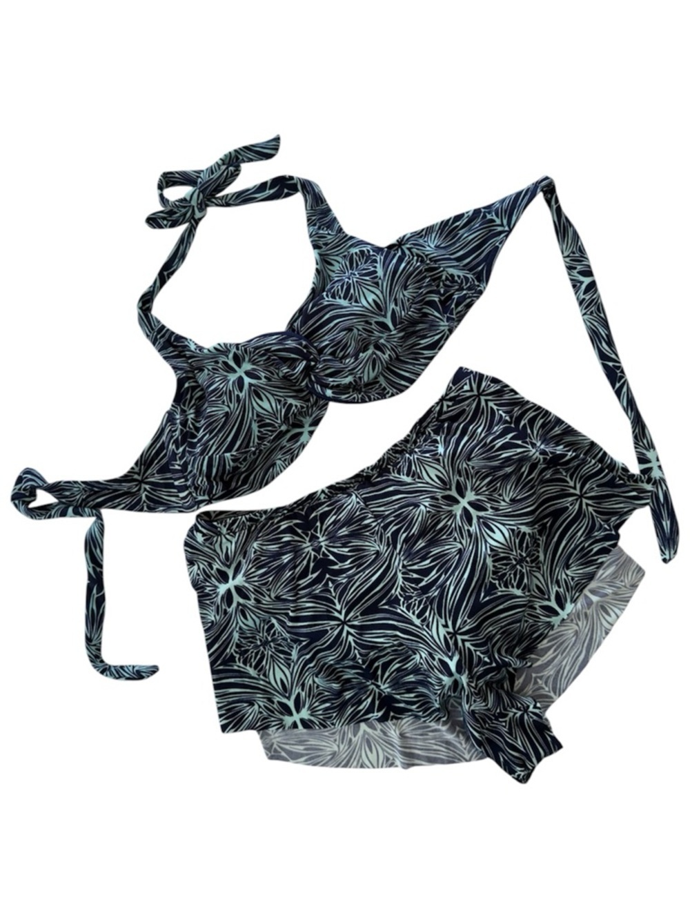 Venus Bikini Set Size 6 Navy Blue Aqua Floral Halter Twist Front